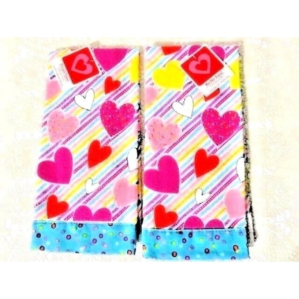 Valentine's Day Hearts Kitchen Towels 2-Pc Teal Purple Red Pink Yellow Holiday